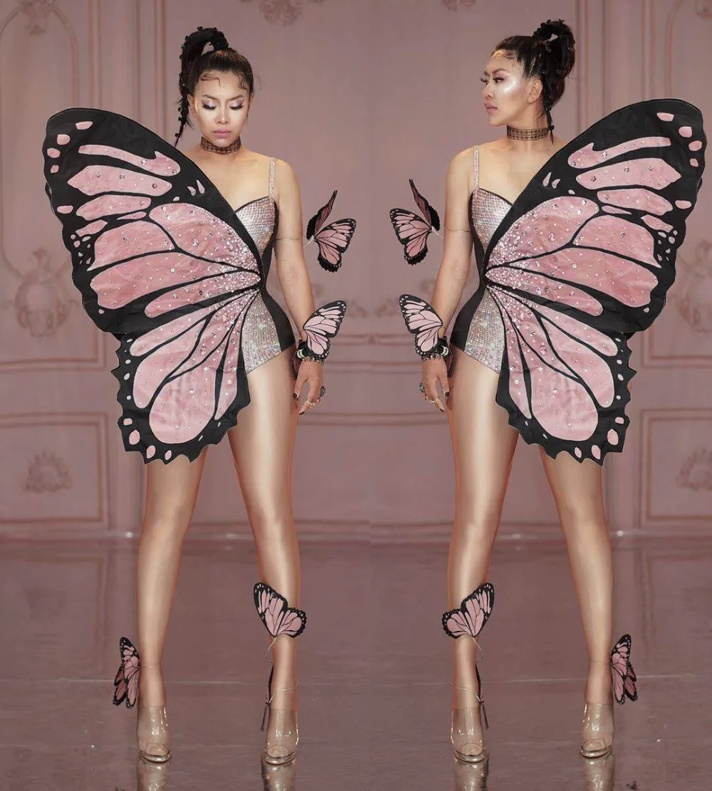 

Halloween Cosplay Costume Bling Pink Butterfly Wings Rhinestones Bodysuit Dance Costume Women Party Show Performance Stage Wear