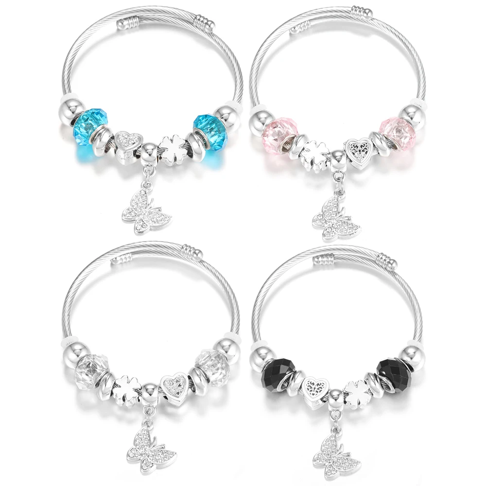 Trendy Butterfly Rhinestone Stainless Steel Bracelet Women Creativity Crystal Beaded 4 Colors Closure Adjustable Bangles Jewelry