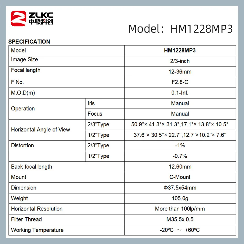 ZLKC 12-36mm Varifocal Lens 3.0Megapixel C Mount Zoom 2/3 Inch FA Machine Vision CCTV F1.4 Manual Iris Lenses 3MP Low Distortion