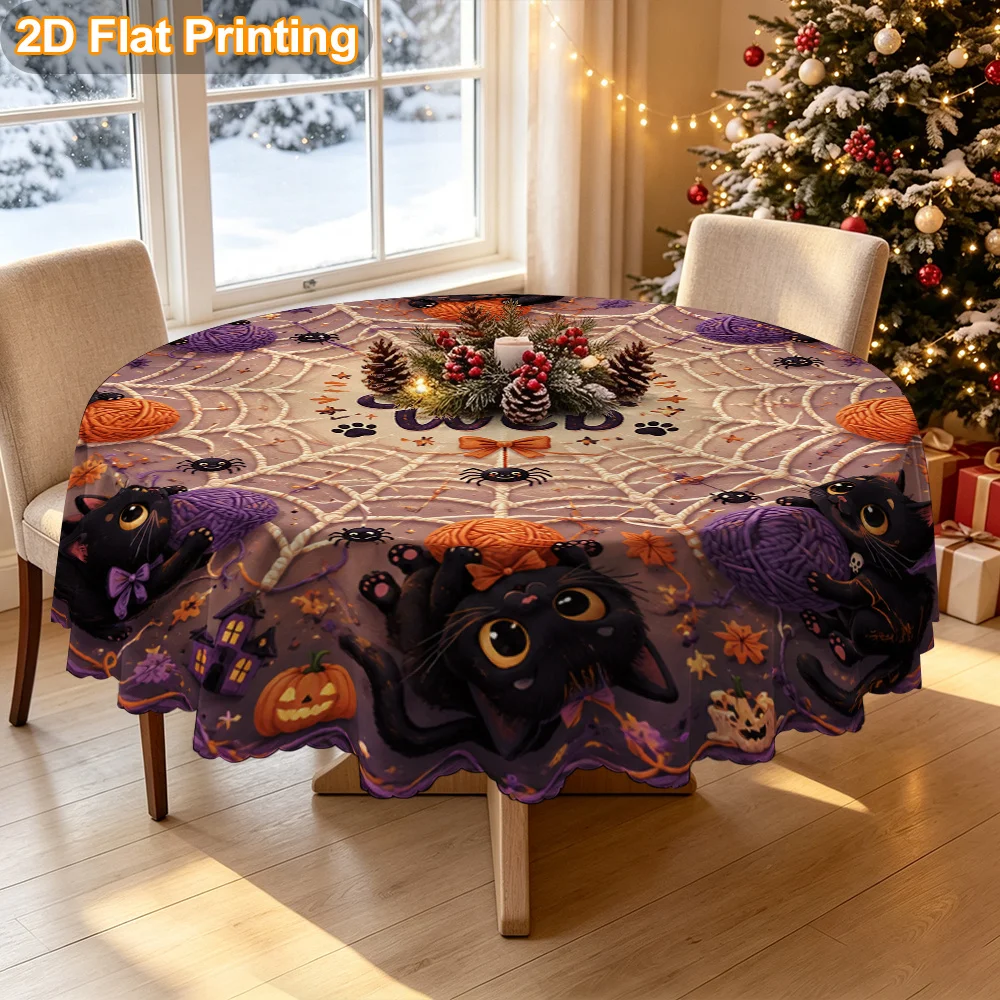 Tablecloth Christmas gift 2D flat. 1 piece round cute black cat wool reticulated table cover
