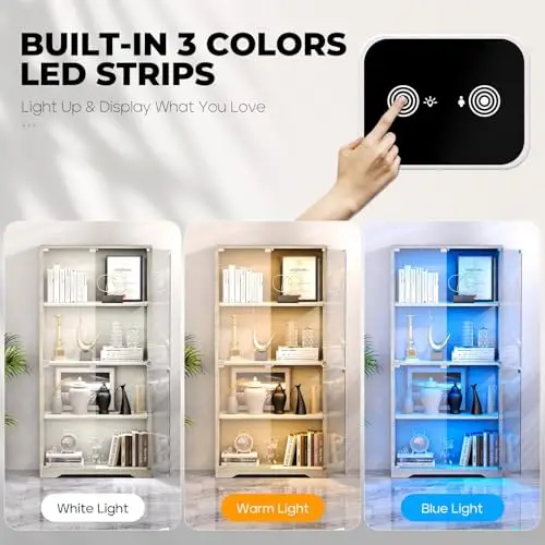 Display Cabinet with Glass Doors, 4-Tier Display Case, Black | Curio Cabinet with 3 Color Lights for Collectibles view 3