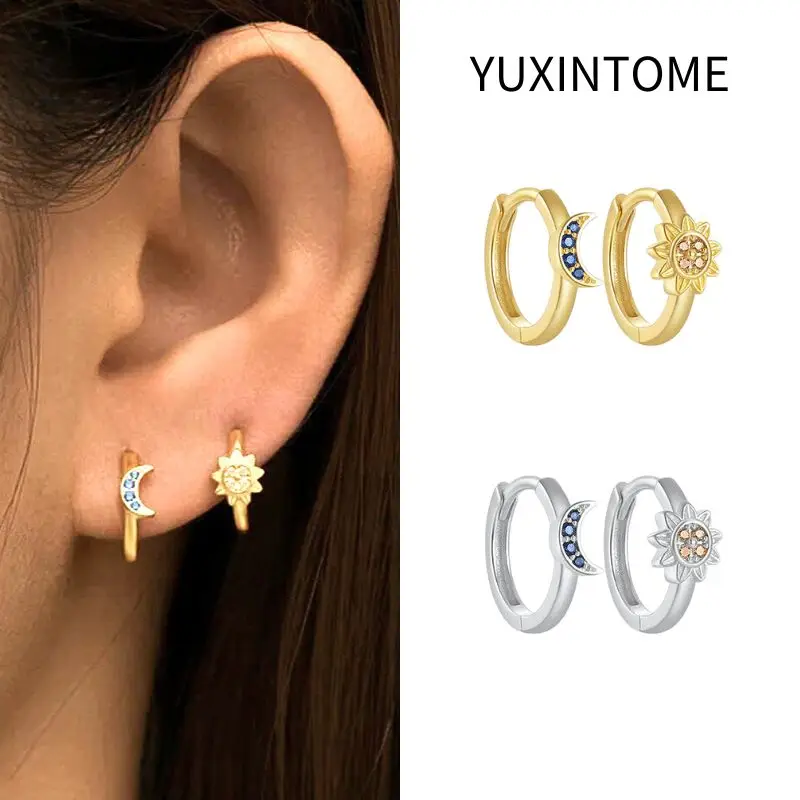 

925 Sterling Silver Needle Exquisite Moon/Flower Hoop Earrings For Women Shiny Crystal Asymmetrical Earrings Fashion Jewelry