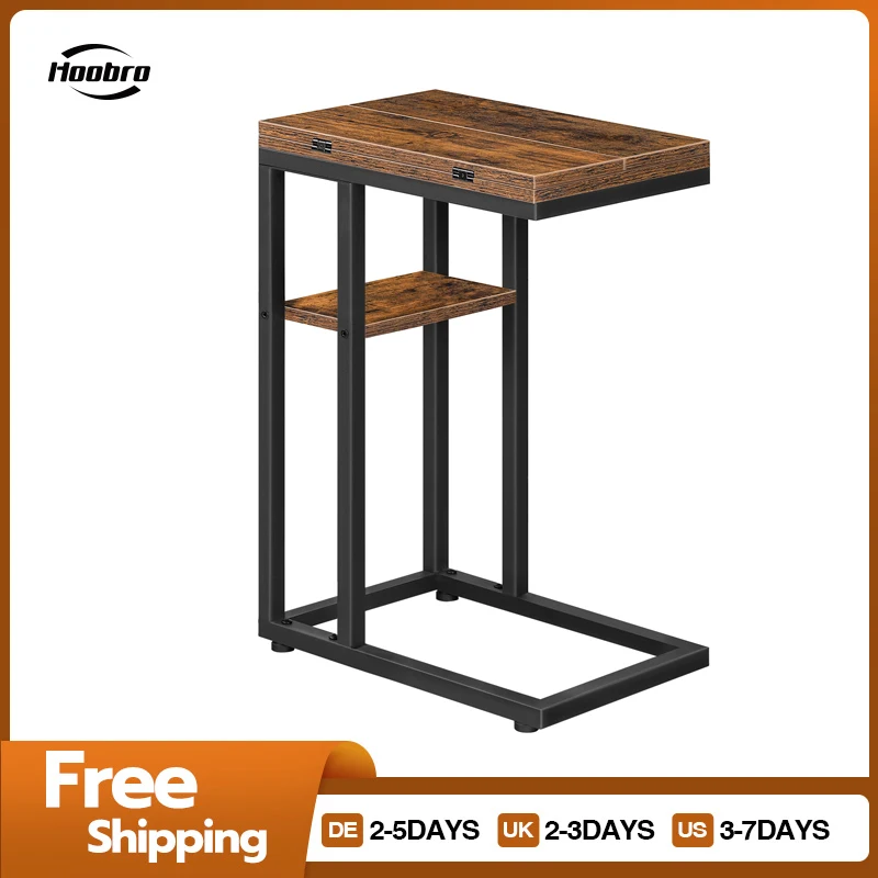 HOOBRO C-Form Side Table Folding Sofa Table Coffee Table Snack Table with Storage Shelf Slim Bedside Table For Livingroom Bedrom