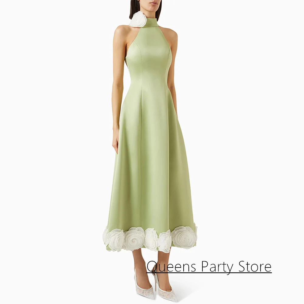 

Cute Evening Dress Cocktail Party Gown Customized Halter Sleeveless handmade Flowers A Line Saudi Arabian Prom Dresses