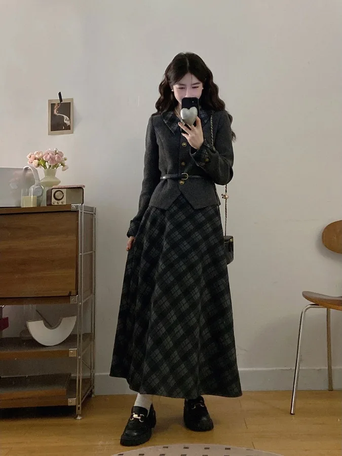 

plus Size Korean Style Women's Fashion Set Spring New High-End Feeling Jacket Meat Conceal Belly Cover Half Skirt Two-Piece Set