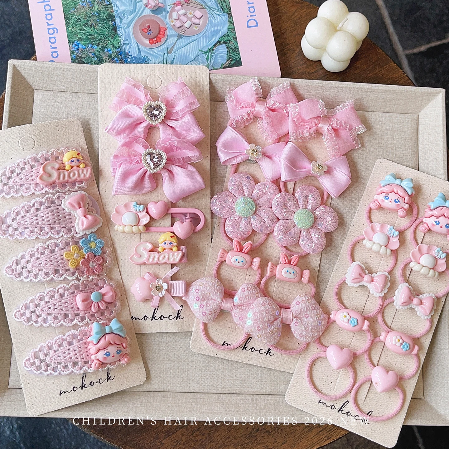 2026 New Fashion Pink Princess Bow Flower Hair Set High Elasticity No Hurt Hair Long Tassel Hair Accessories For Girls Kids Gift