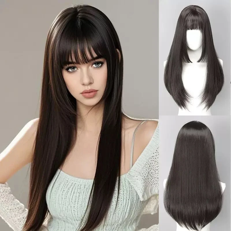 Peruka damska, długa, prosta, z prostą grzywką, do tańca, strój, akcesoria, styl Hime Cut, włosy długie i proste.
