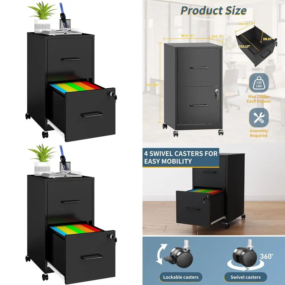 

Black Mobile Metal File Cabinet with Lock, 2-Drawer Rolling Storage for Home Office Desk