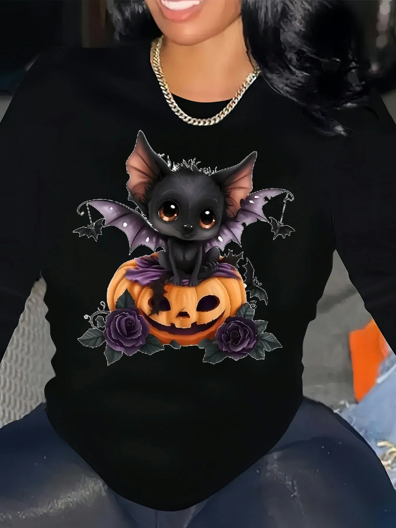 

Женская черная футболка больших размеров с длинным рукавом — графический принт «Летучая мышь» на Хэллоуин, топ «Жуткий сезон»