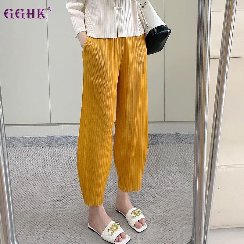 GGHK Shrunken Leg Pleated Pants Female 2024 New Summer Solid Color Leisure Loose Large Size Drape Straight Thin Section Pants