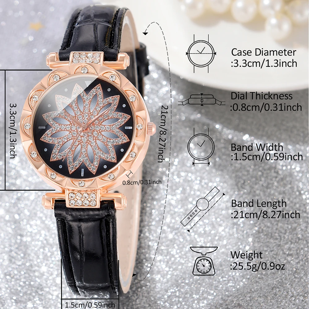 Black 5PCS/Set Women Watch I Love Mama Quartz Wristwatch Shiny Rhinestone Simulated Watch Jewelry Set Gift For Mom