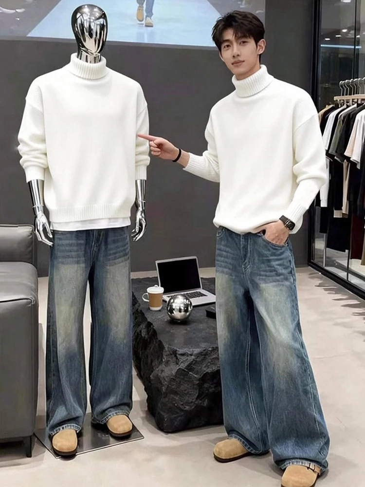 

Мужской вязаный свитер Thiened Fce с высоким воротником, теплый зимний базовый слой, повседневный, комфортный, премиум-качество, прямой крой