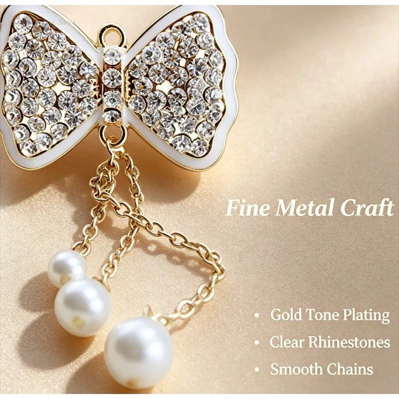 Bow Rhinestone Pearl Keychain Gold‑Tone Metal Tassel Pendant Elegant Bag Charm Accessory Gift for Women