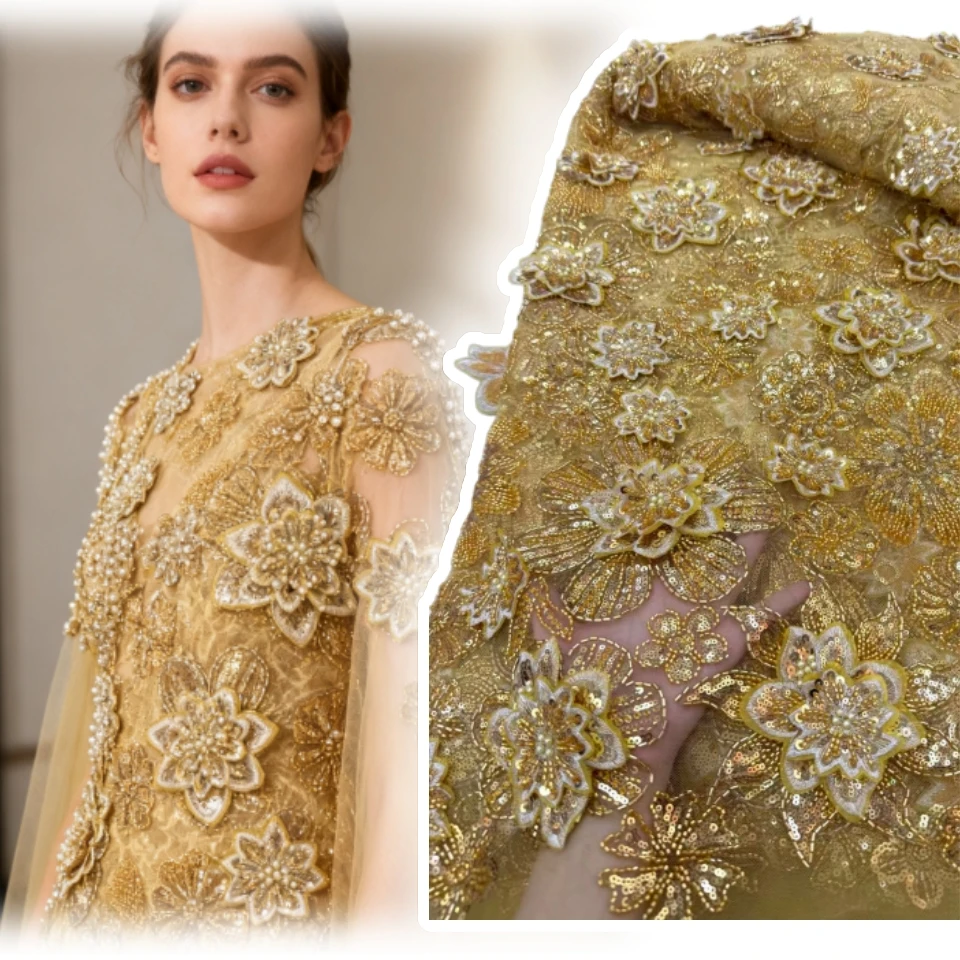 

Роскошные 3D кружевные бусины в африканском стиле, высокое качество, 5 ярдов, ткань ручной работы с блестками, Нигерия для вечернего платья TP1800