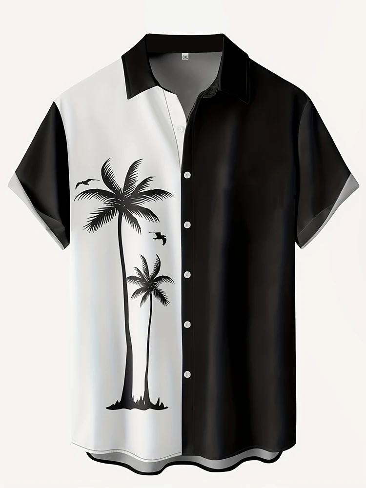 Men\'s Coconut Tree Short Sleeve Hawaiian Shirt SUmmer Oversized Loose Clothing For Summer Lapel Button Beach Shirt Casual Tops