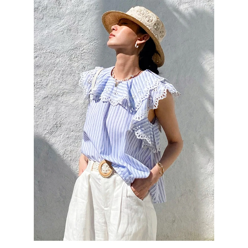 Women’s Blue White Striped Sleeveless Top French Style Embroidered Ruffle Collar Casual Blouse