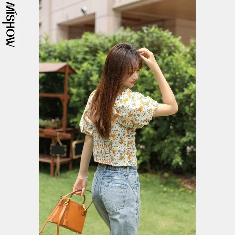 MISHOW Blouse Women 2023 Summer New High Waist Floral V-neck Casual Chiffon Shirts Puff Sleeve Shirt Female Fashion MXA24L0179