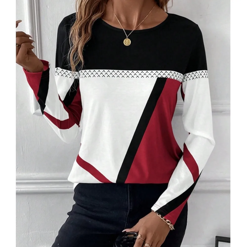 女性の幾何学的なプリントの長袖Tシャツ,スプライストップ,ラウンドネック,対照的な色,新しい,レジャー,2022
