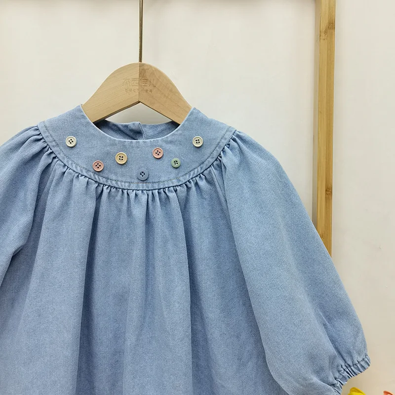 Dziewczęca sukienka dżinsowa z długimi rękawami Wiosna Jesień 2025 Koreańska moda Casual Sweet Cute Puff Sleeve Dresses