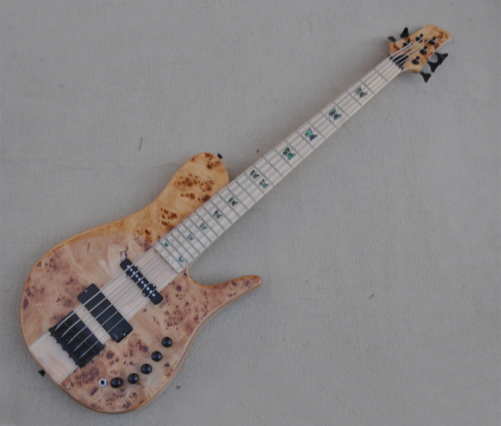 5 Strings Neck-thru-body Electric Bass Guitar with Butterfly  Inlay,Maple Fretboard,Customizable