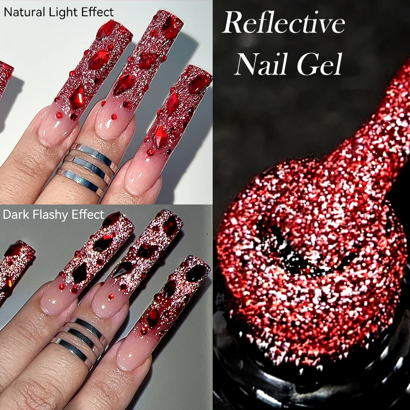 LILYCUTE 7ML Red Reflective Nail Gel Polish Glitter Gel Semi-permanent UV Gel Soak Off UV LED Gel Polish Nail Art Base Top Coat