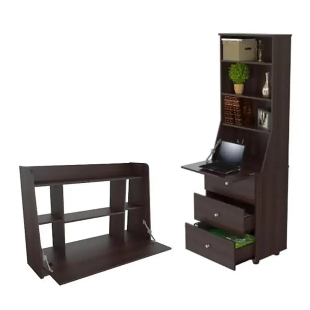 Wall Mounted Floating Desk & Bookcase Set with Hidden Work Surface Espresso Wood Durable & Scratch Resistant Traditional Style