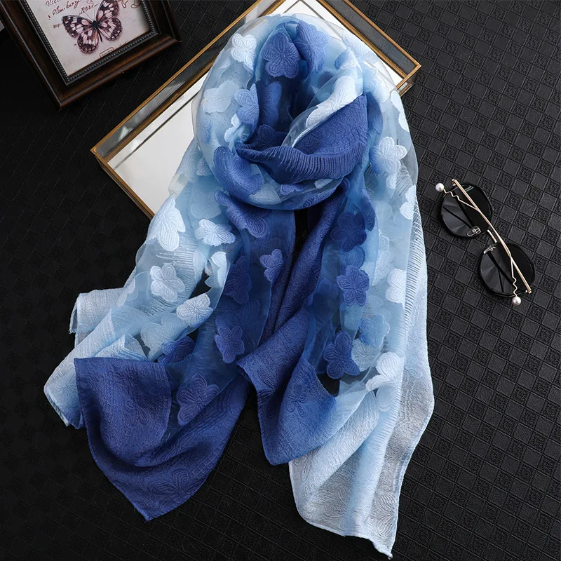 Women Simulation Silk Cut Flower Scarf Scarves Girls Embroidery Wild Sunscreen Shawl Adult Long Embroidered Lace Scarfs