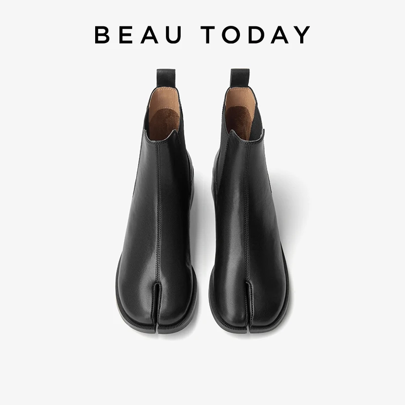 BEAUTODAY Chelsea Boots Women Genuine Cow Leather Elastic Band Split-Toe Ankle Boots Slip-on Ladies Shoes Handmade 03716