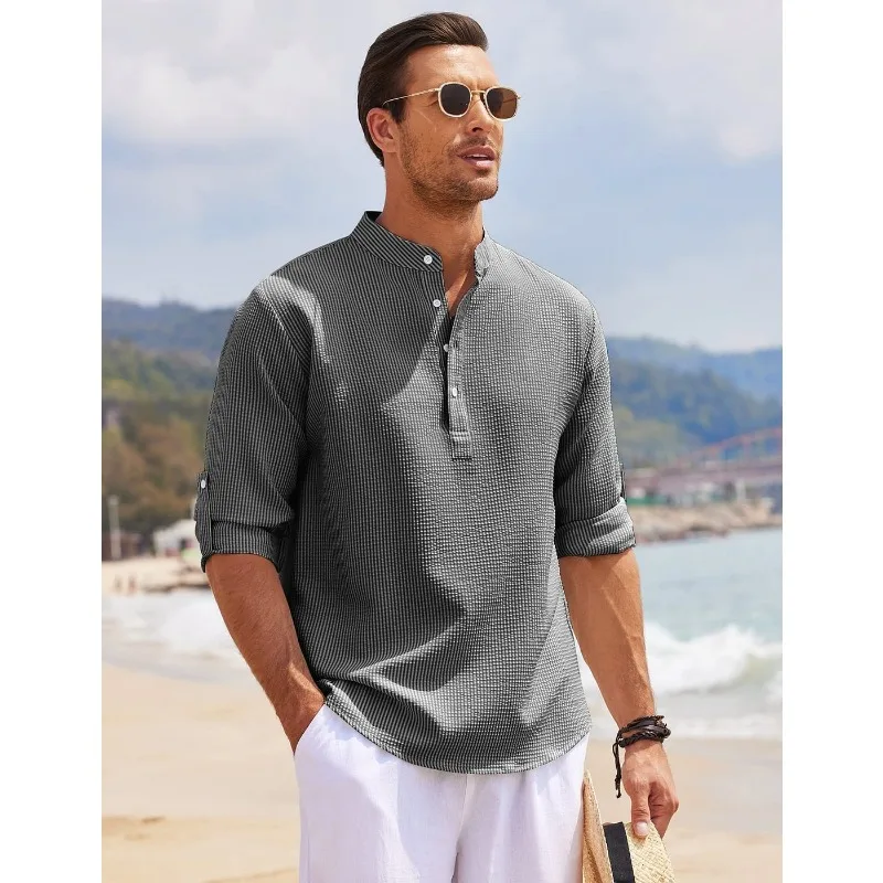 2025 summer men's shirt men's long-sleeved stand-up collar open-button pineapple plaid shirt men's casual shirt top