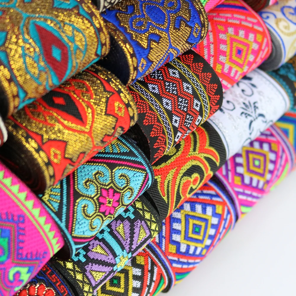 7 Meters 50mm 2 Inch Vintage Ethnic Embroidery Flowers Ribbon Boho Lace Trim DIY Clothes Bag Accessories Embroidered Fabric