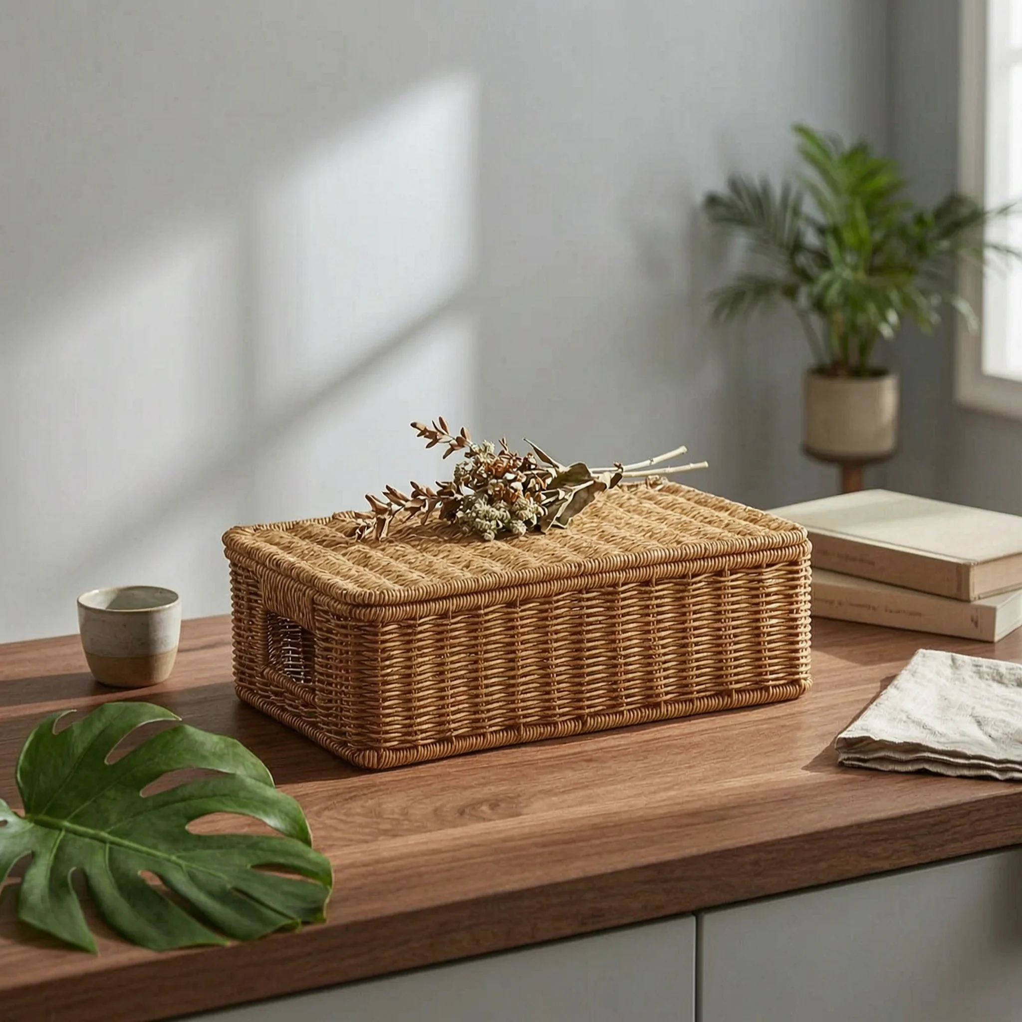 Rattan Storage Box with Lid Handmade Rattan Storage Box Lidded Wicker Basket Rustic Style Natural Wicker Organizer Easy to Clean