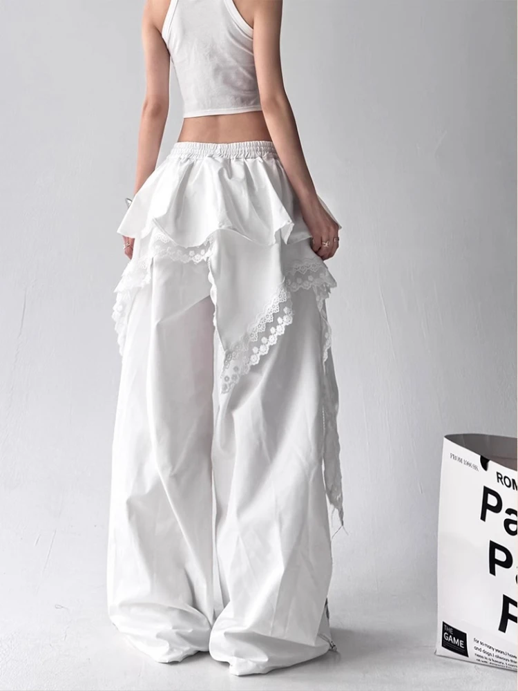 Y2K الطبقات تنورة السراويل النساء الدانتيل المرقعة واسعة الساق السراويل الشارع الشهير ملابس العمل سراويل تقليدية الموضة #2