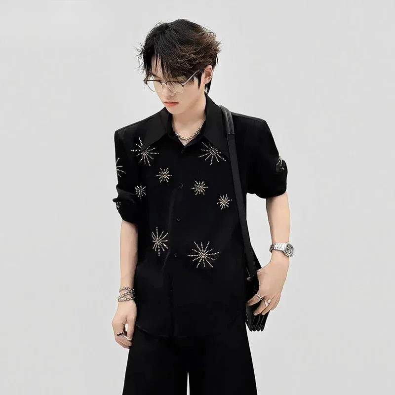 Men Satin  Embellished Shirt Loose Avantgarde Design Unique Casual Breathable Edgy Streetwear Male Tops Z24E