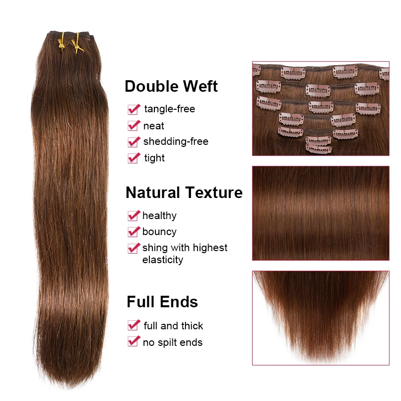 Clipe sem costura na extensão do cabelo para mulheres, cabelo humano, reto, Remy brasileiro, cabeça cheia, clipes de cabelo natural, 12-26 em, 7