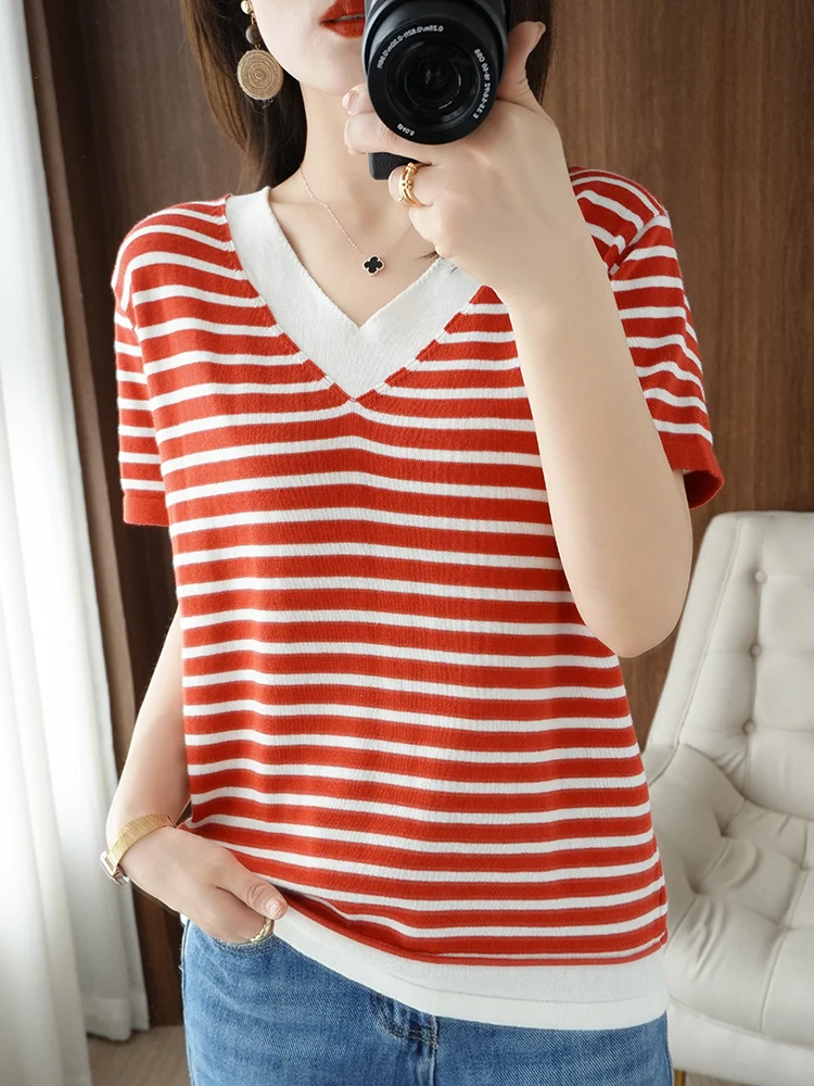 

100% Cotton T-shirt Summer Women Clothing V-neck Pullover Short Sleeve T-shirts Woman Striped Casual Basic Shirt Lady Top