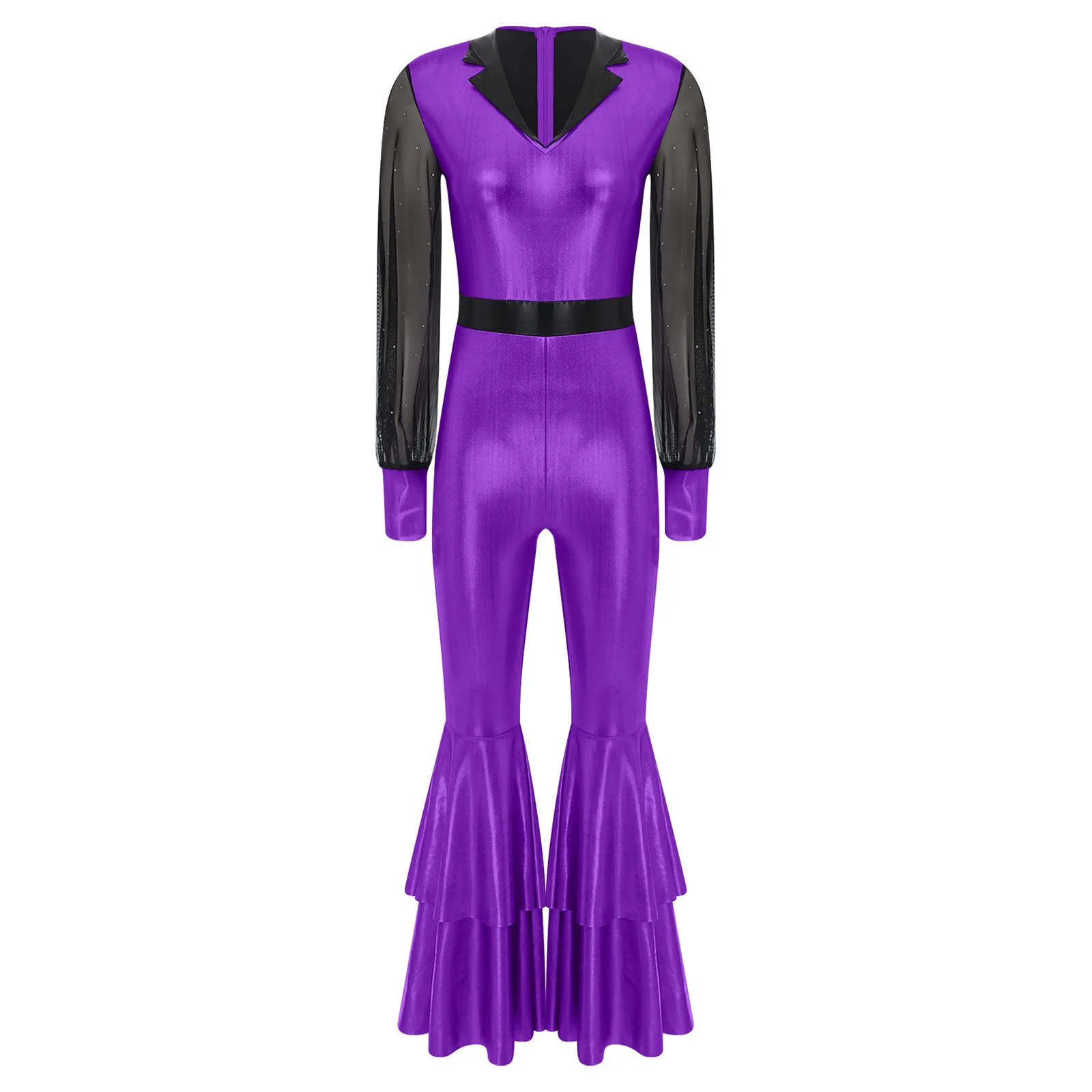 

Womens 70s 80s Disco Dance Rompers Shiny Mesh Long Sleeve Tiered Bell Bottom Flared Long Pants Metallic Shiny Jumpsuit Dancewear