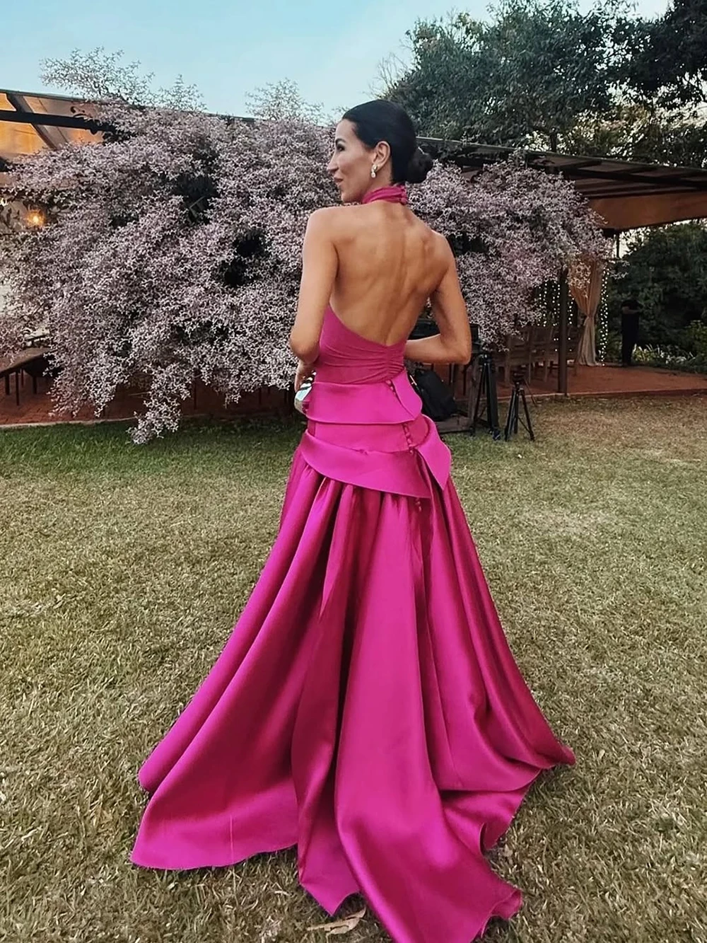 Msikoods Customized Hot Pink Halter Satin Evening Dresses Backless Formal Evening Gown Layered Prom Dress Long Party Dresss - view 5