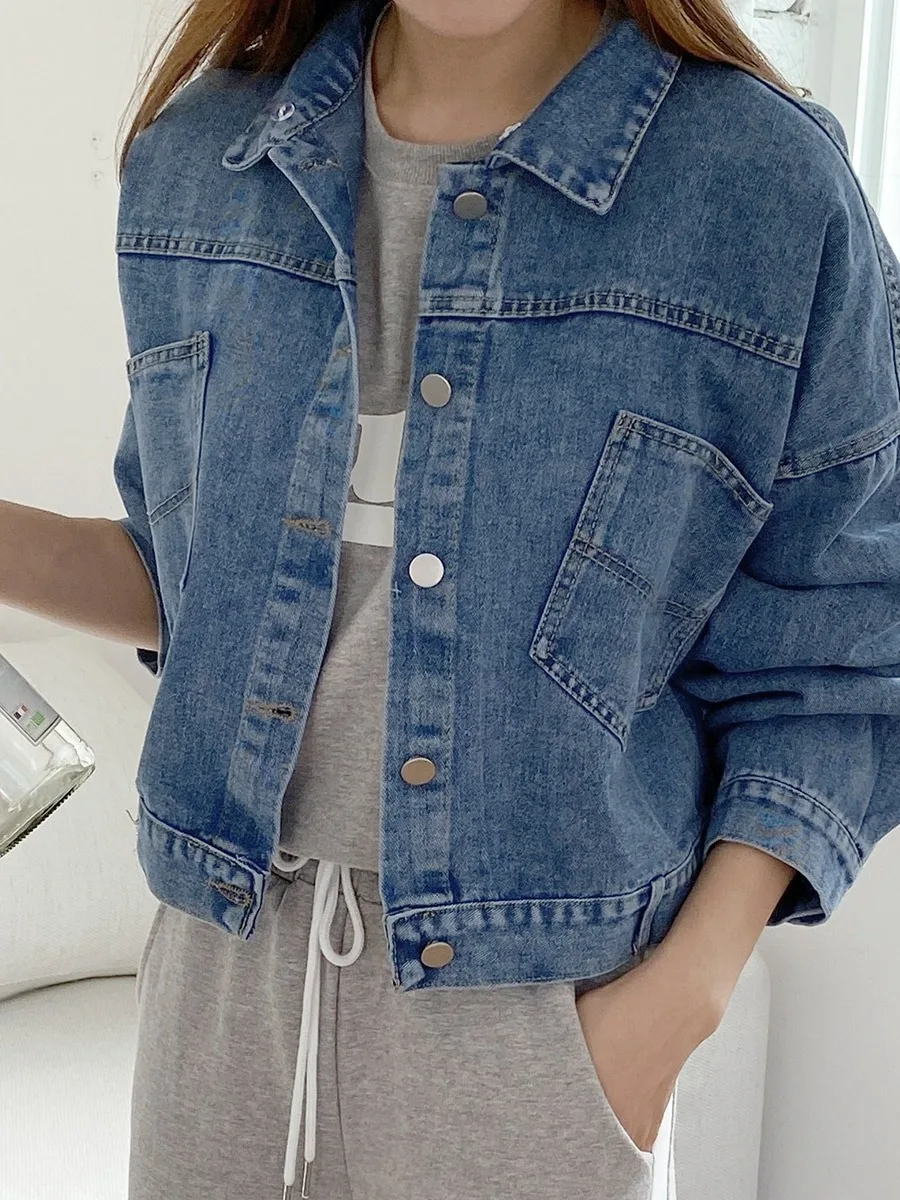 

Korean Sle ort Denim Jaet Women's Hong Kong Sle Retro Ba Button Split Detachable Hood Long Sve Top Autumn Faion
