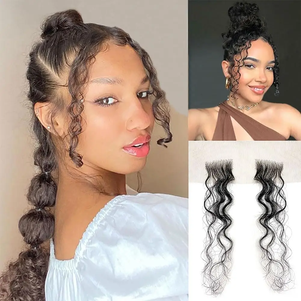 10 بوصة أسود مجعد يدوية الدانتيل الانفجارات الجبين الطفل الشعر حواف وصلة إطالة شعر طبيعي 2 قطعة معبد هيربيسي شعري استبدال