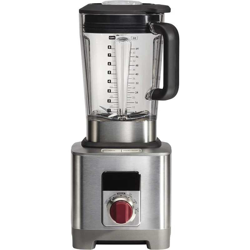 Licuadora de alto rendimiento Tarro de 64 oz 4 configuraciones de programas Mezclas Alimentos Batidos y batidos Perilla roja Acero inoxidable Fácil de operar