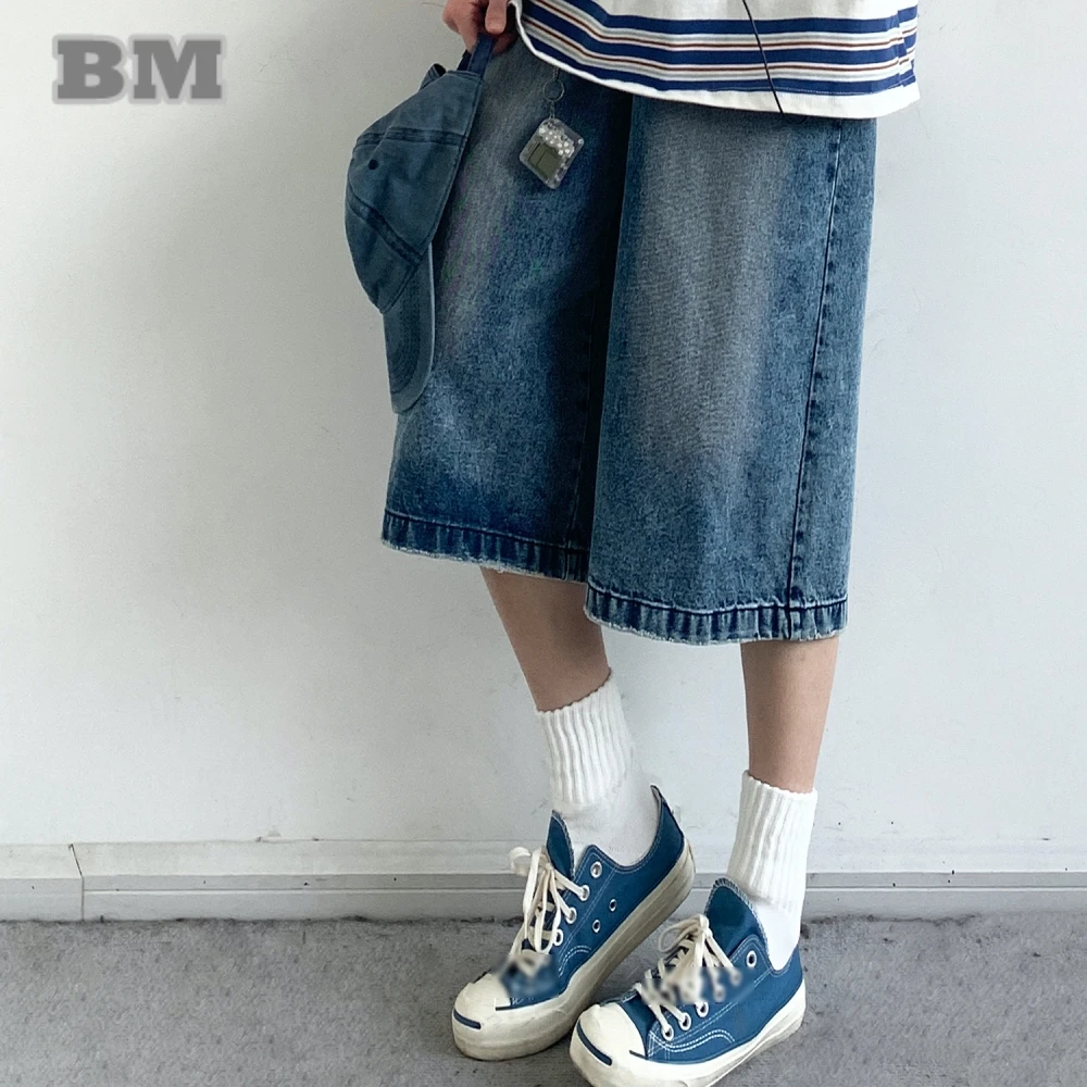 

‌Japanese Summer Unisex Seven Tenths Denim Shorts Men Women Blue Straight Leg Jeans Korean Streetwear Trendy Casual Cargo Pants