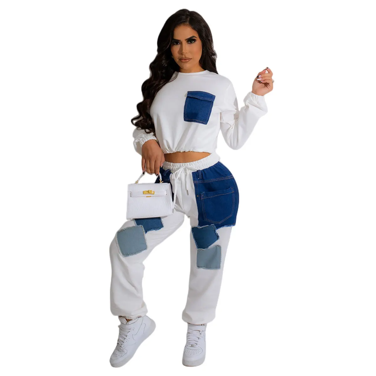 

Casaul Women Tracksuit Two Piece Set Color Patchwork Streetwear Winter Sportsuit Matching Set Clothes For Women Outfit