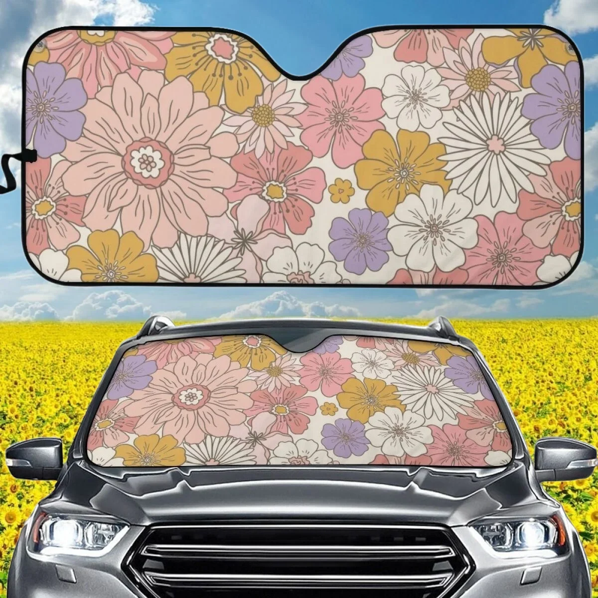 Beautiful Candy Colored flower Pattern Car Sun Shade High Quality Aluminum Foil Stretch Fabrics Woman Men Auto Accessories New