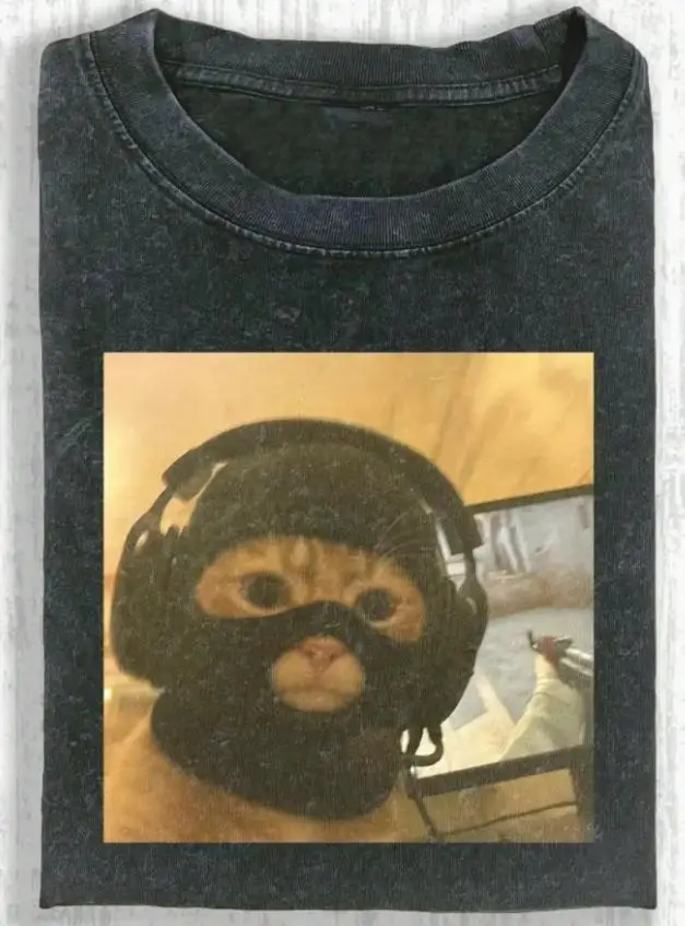 Funny Gamer Cat Meme T Shirt Men Acid Wash Graphic Tees Summer Heavyweight Cotton Short Sleeve Balaclava Cat Gaming Streetwear Tops Loose Fit