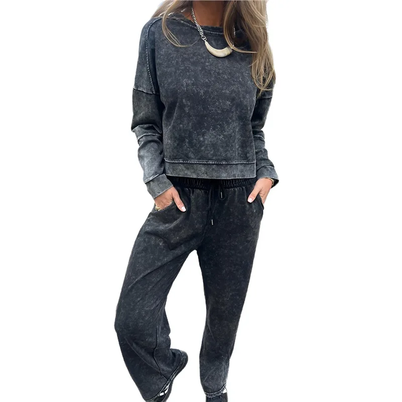 

New Spliced ​​long-sleeved Sweatshirt + Wide-leg Pants Two-piece Sets Women's Autumn Casual Tops Tied Trousers Suit For Women