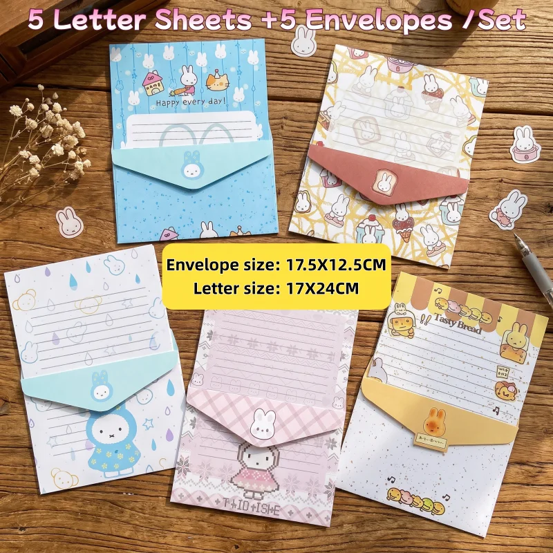 5 Set Kawaii Miffy Envelope Set 17x24cm Cartoon Creative Handwritten Blessings Letter Girl Birthday Party Invitation Envelope