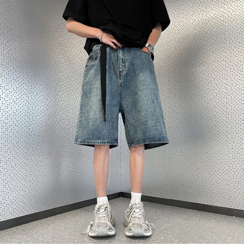 

2024 Summer Men Fashion Vintage Oversized Denim Shorts Mens Streetwear Loose Straight Short Jeans Male Wide Leg Shorts G201