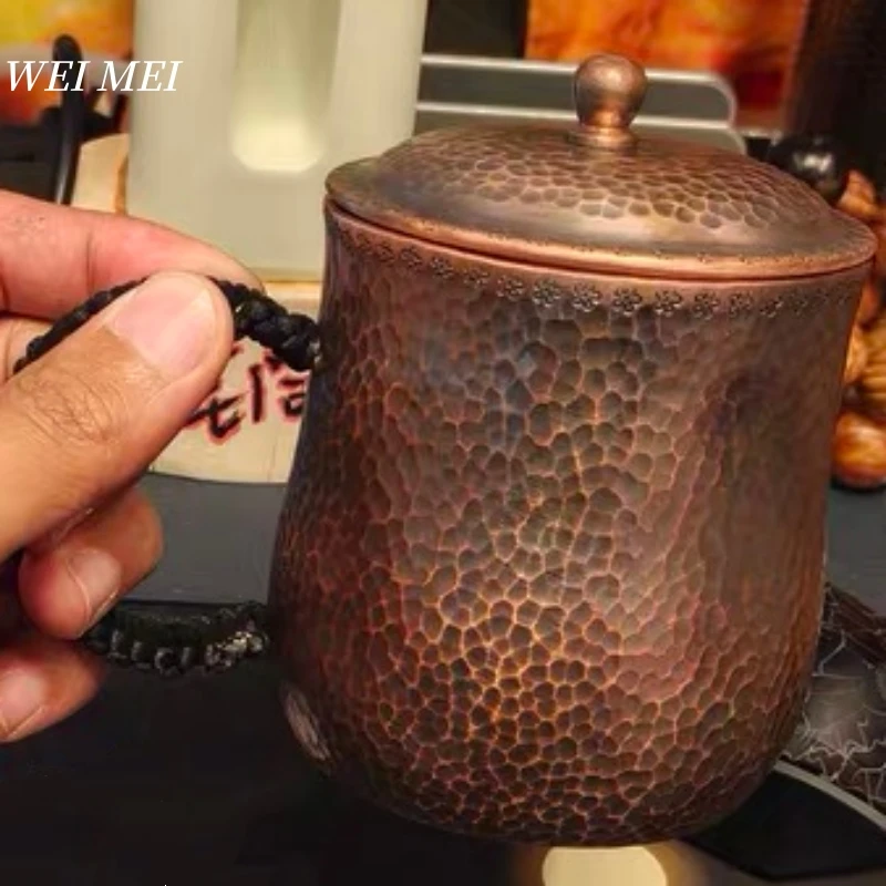 

Vintage Copper Coffee Mug,Thickened With lid 500 ml Cold Drink Cup,Handcrafted Carving Hammer Texture Woven Tea Mug Tableware