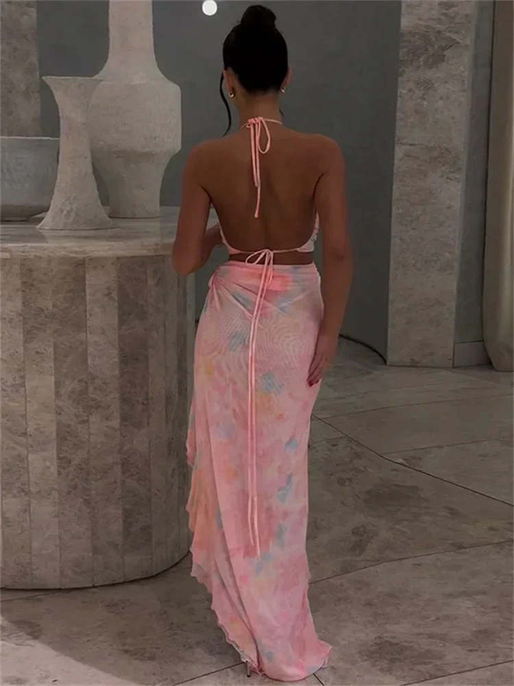 Sexy Gedruckt Mesh Lange Kleid Frauen Lace-Up Floral Backless Aushöhlen Rüschen Mode Verband Kleid frauen Kleid sommer