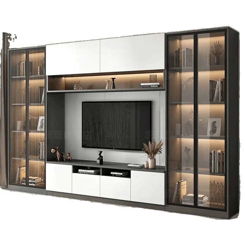 

Light luxury solid wood floor-to-ceiling TV cabinet integrated full wall TV background wall TV cabinet living room
